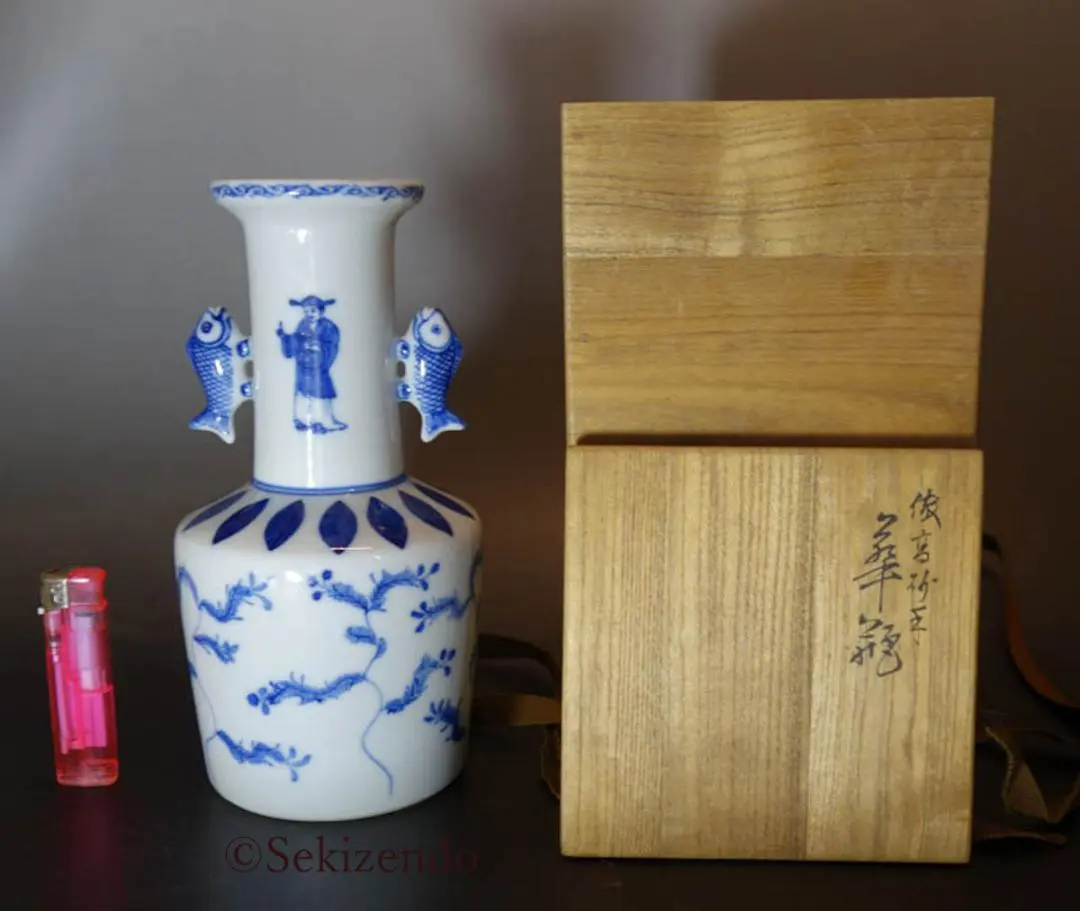 花瓶□染付人物絵 中国 魚耳付き 口広 松紋 花器 古玩 唐物 時代物 骨董□