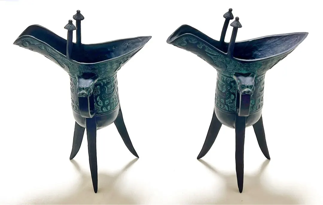 中国古銅鍍金双耳三つ足杯一對時代箱付V7593A