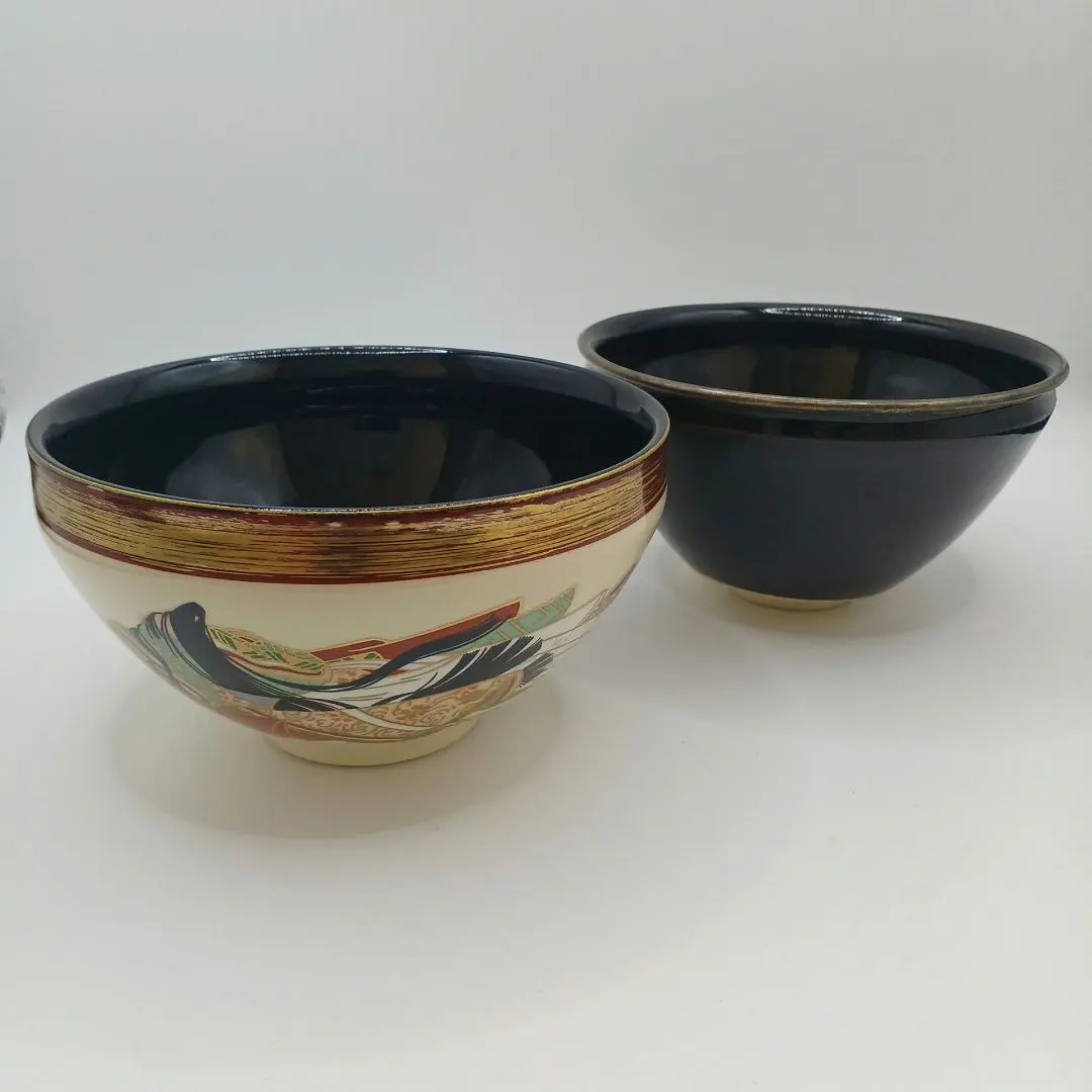 京燒清水燒加藤貴山作抹茶碗小野小町天目金彩抹茶椀茶碗二個一組