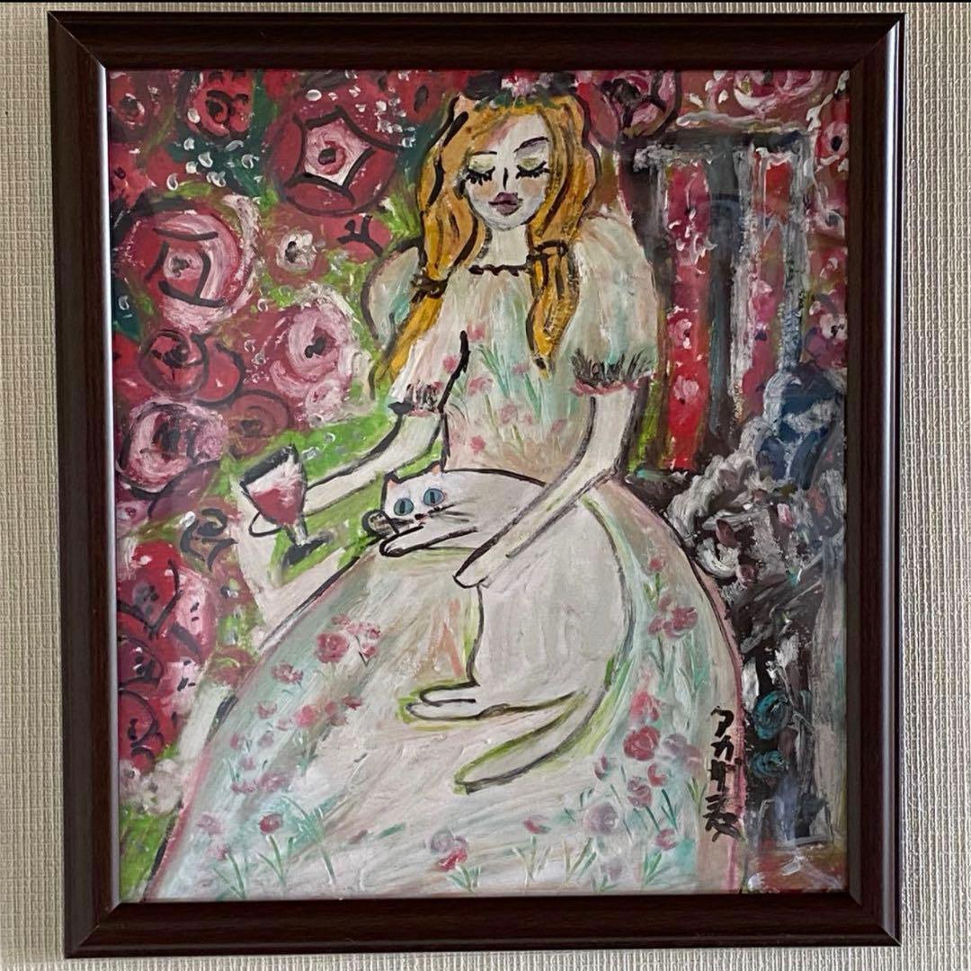 絵画 。壁掛け絵【美しい赤いバラ園でワインを飲みながら白い猫を抱いている少女】 絵画 。壁掛け絵【神聖なヨーロッパの荘園でバラの花を楽しむ少女と