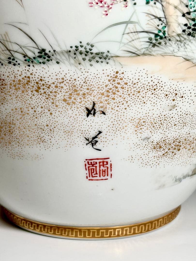 初代川本桝吉 安井如苞画 大日本七宝会社販売 牧童図花瓶一対 明治 瀬戸焼 瀬戸