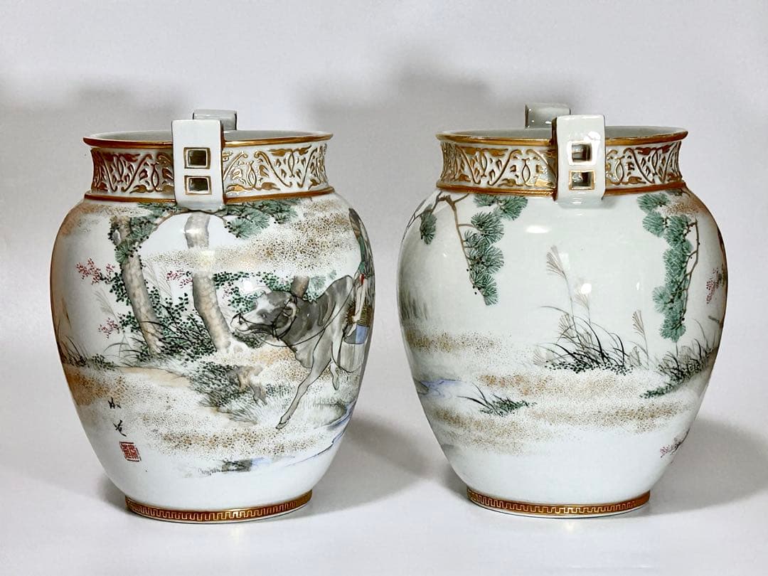 初代川本桝吉 安井如苞画 大日本七宝会社販売 牧童図花瓶一対 明治 瀬戸焼 瀬戸