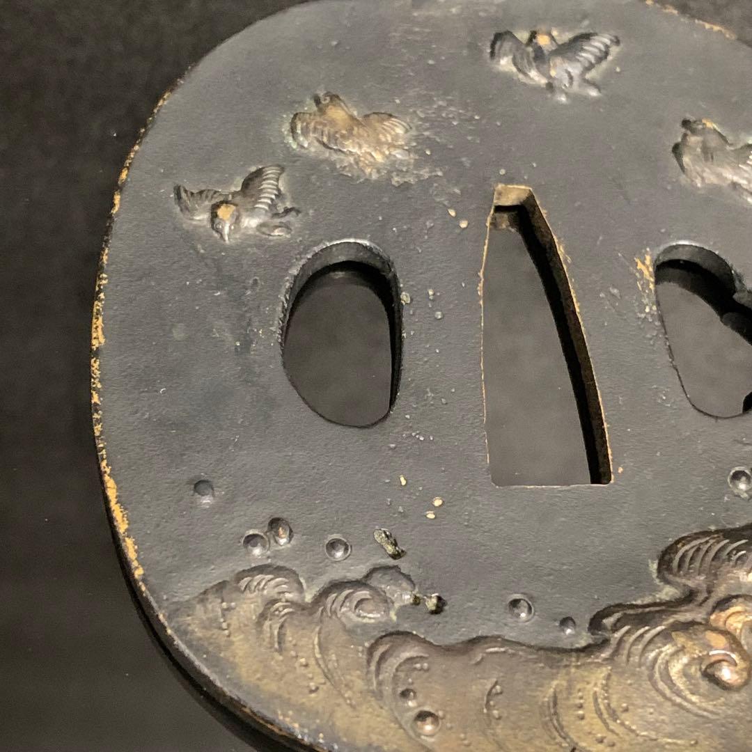 《アンティーク希少レア品！》⭐︎荒波 鳥 鍔つば　江戸期 銅 刀剣鍔♪⭐︎