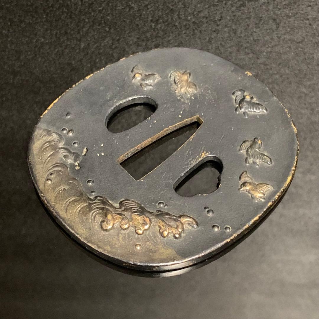 《アンティーク希少レア品！》⭐︎荒波 鳥 鍔つば　江戸期 銅 刀剣鍔♪⭐︎