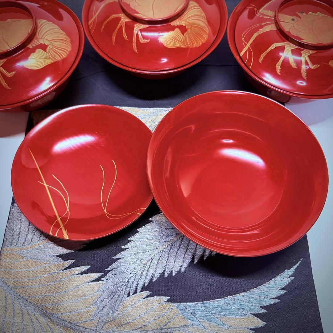 漆器輪島塗 金蒔絵金彩細工伊勢エビ図 木製 蓋付椀 お煮物椀