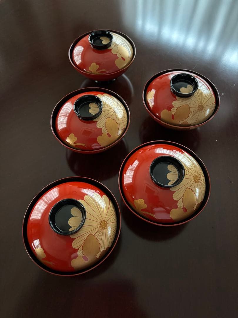 輪島塗 白水 菊紋様塗り椀 5客 アンティーク