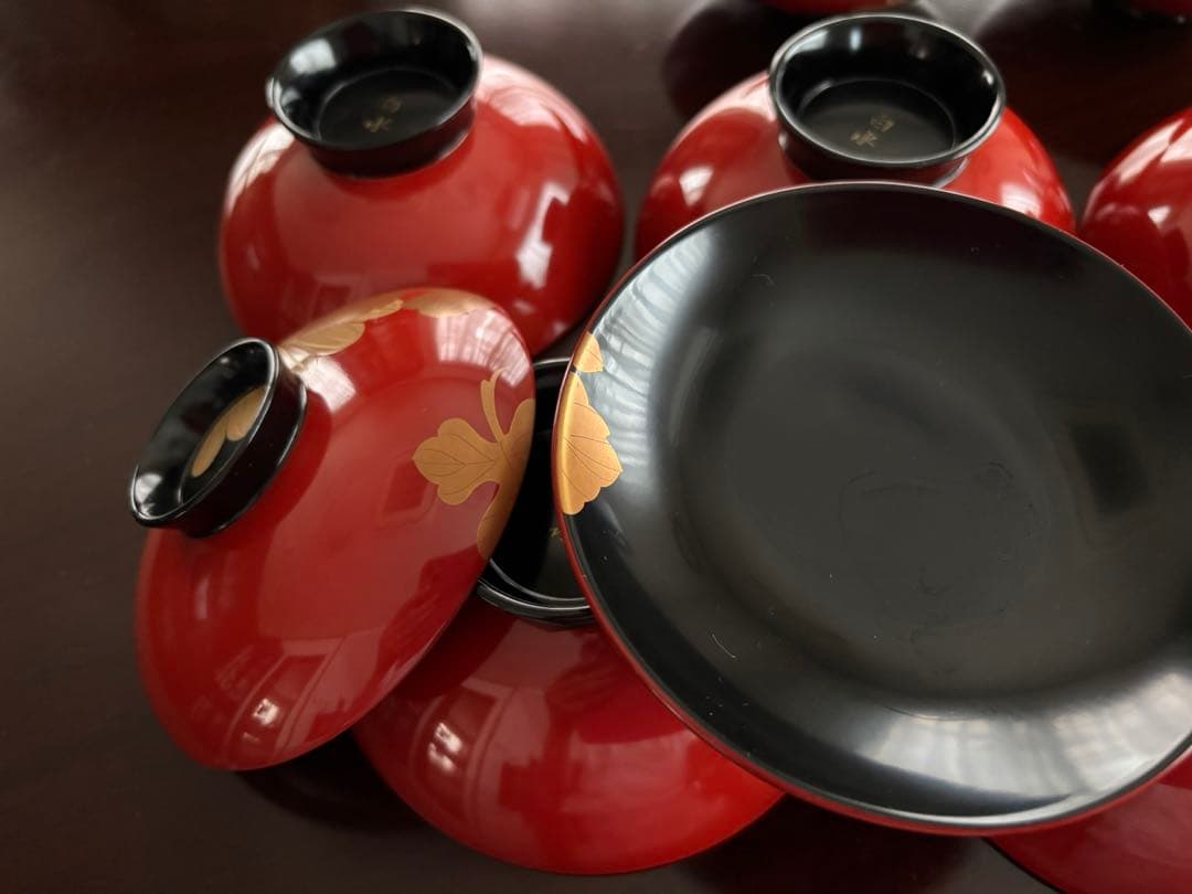 輪島塗 白水 菊紋様塗り椀 5客 アンティーク