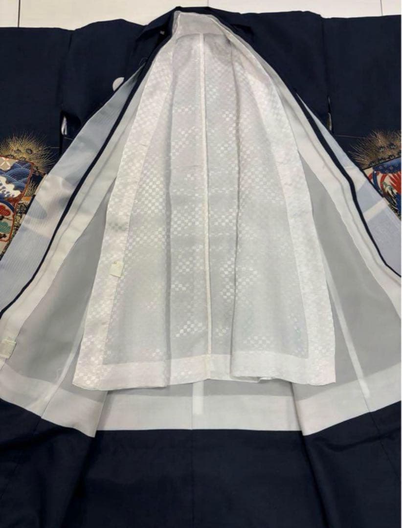 七五三　3歳男の子　着物・袴セット　紺系　五つ紋　富士山　兜　日本製　新品