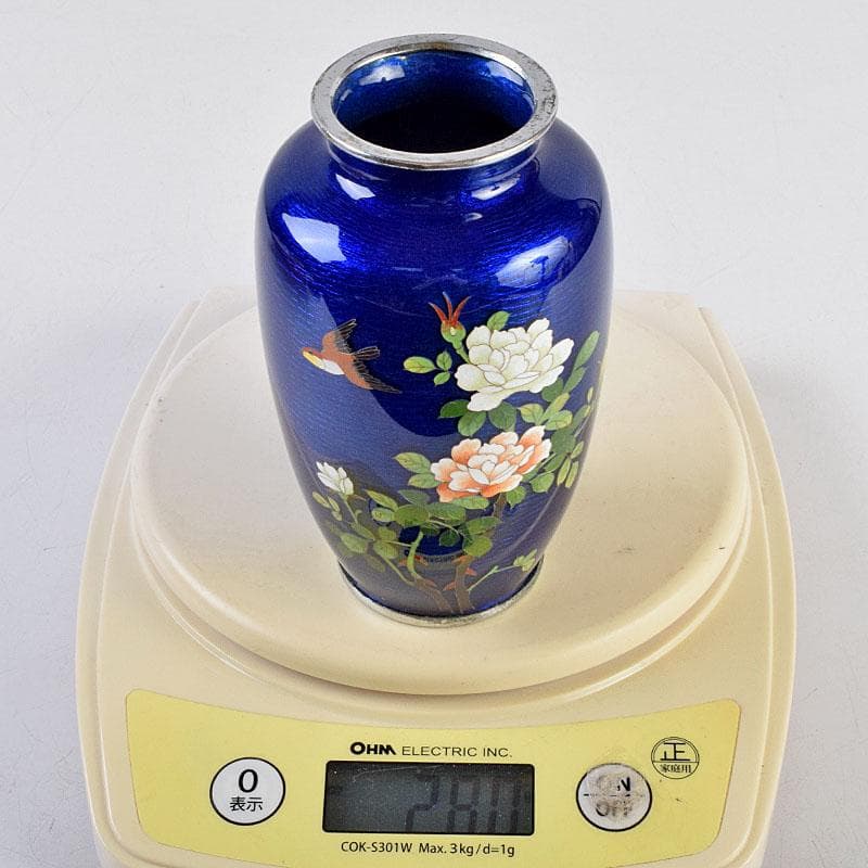 七宝焼 青透釉 花鳥文 花瓶 唐木台・時代箱付 M R9422