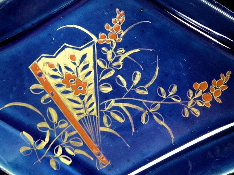 古伊万里　瑠璃　扇に桔梗の図　菱形変形皿　２客　D039AS-DAm