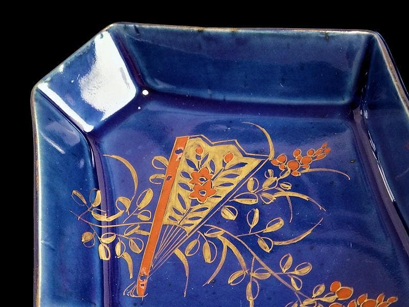 古伊万里　瑠璃　扇に桔梗の図　菱形変形皿　２客　D039AS-DAm