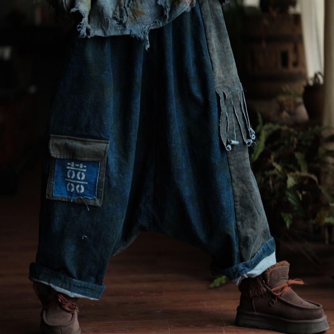 藍染デニムサルエルパンツ 大きなポケット付き