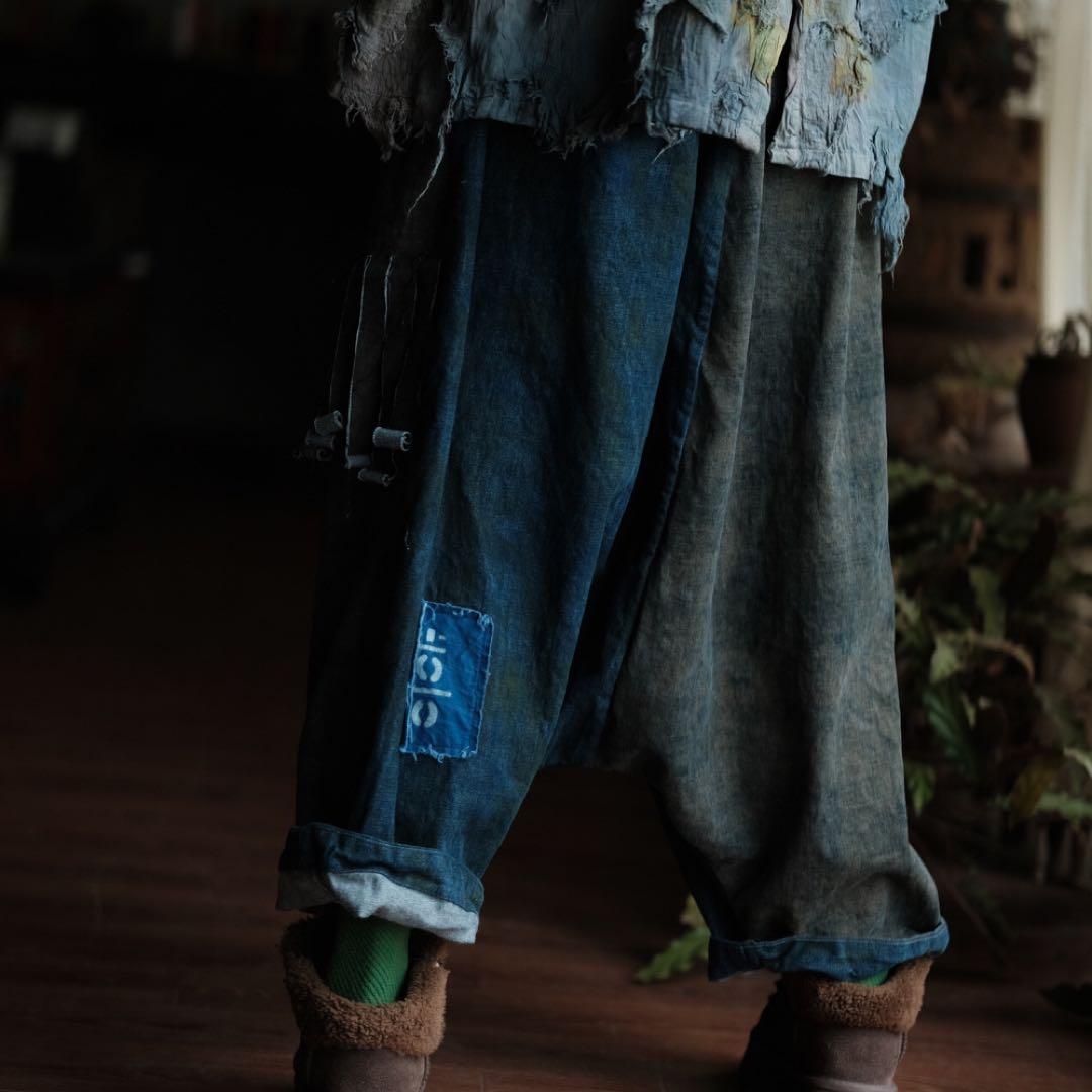 藍染デニムサルエルパンツ 大きなポケット付き