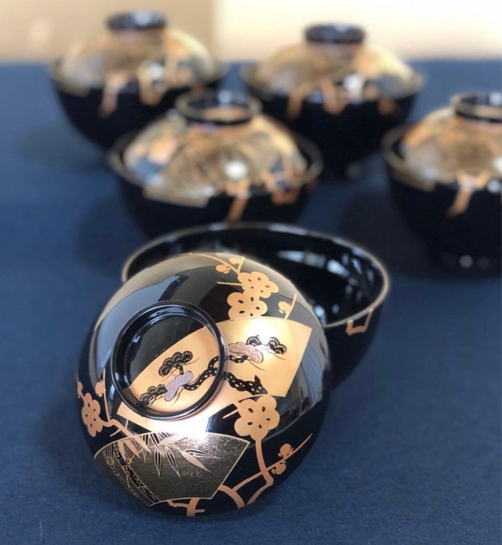 《R》輪島塗 黒塗 蒔絵付 吸物椀5客 木製漆器 木箱　260107か5