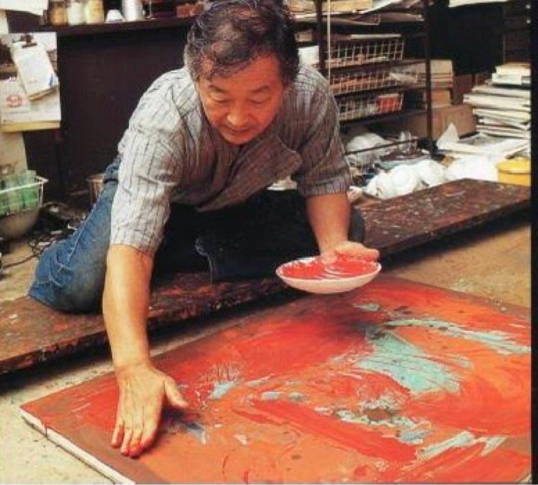 真作上野泰郎油絵油彩画木の下の人々金地キリスト教額装サイン入り