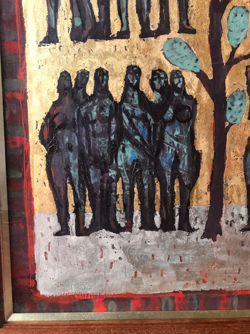 真作上野泰郎油絵油彩画木の下の人々金地キリスト教額装サイン入り