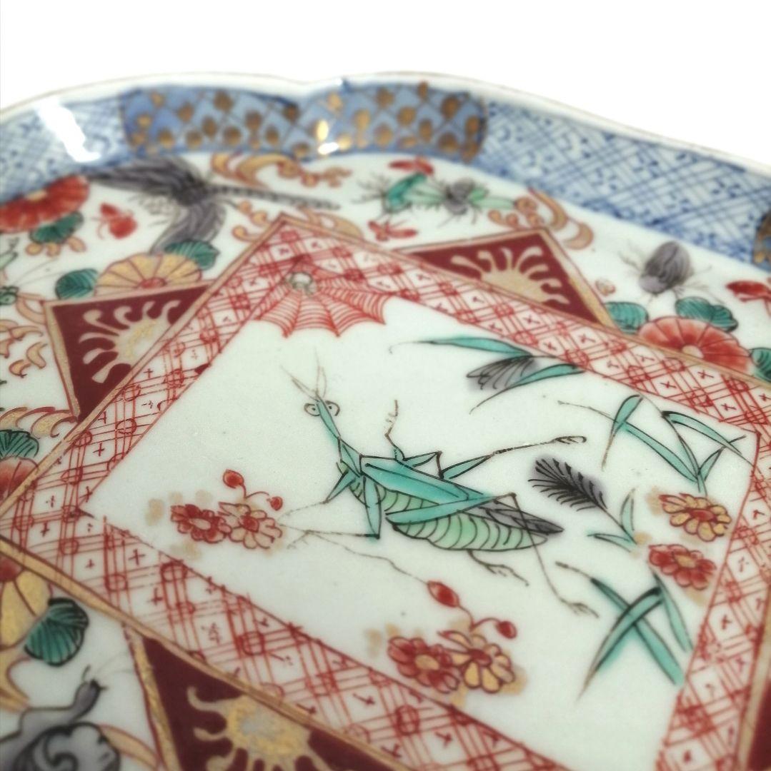 古伊万里 色絵 虫尽くし図 木瓜形 縁立皿