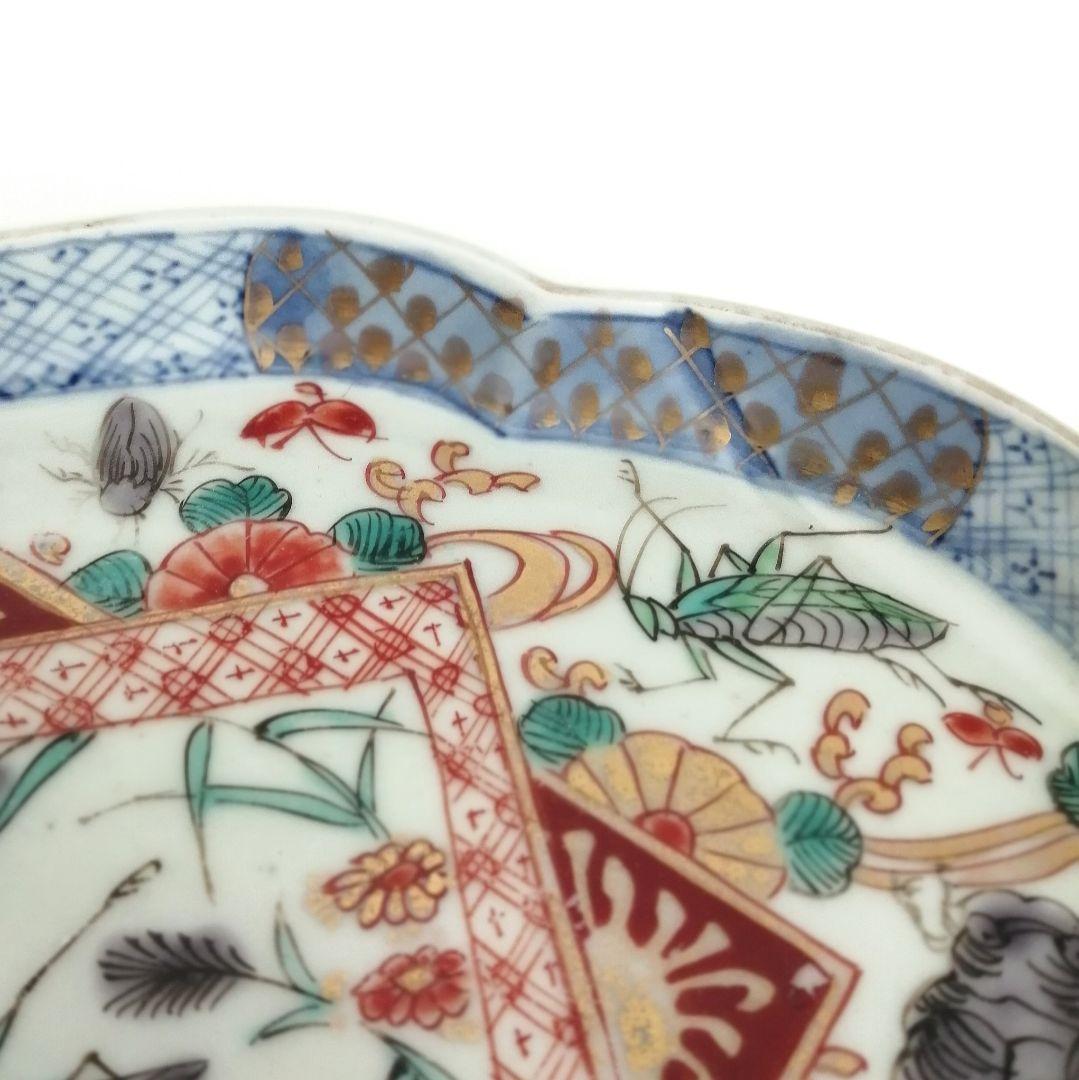 古伊万里 色絵 虫尽くし図 木瓜形 縁立皿
