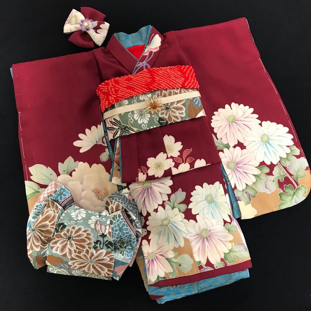 市松人形 15号 錦紗縮緬 アンティーク 着物 帯 ＊