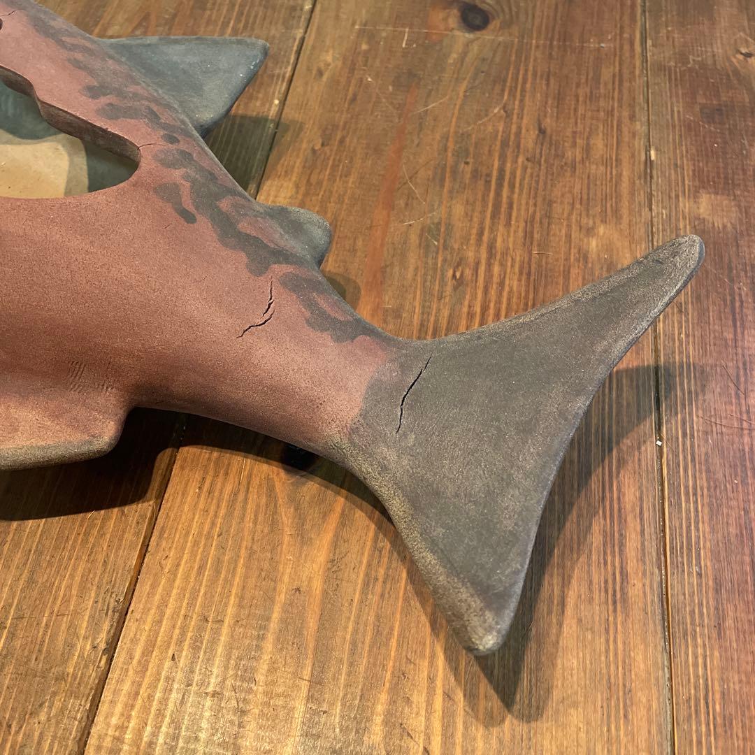 美品 陶芸 焼物 魚 花器 陶器 花瓶 オブジェ 重厚感ある 花入