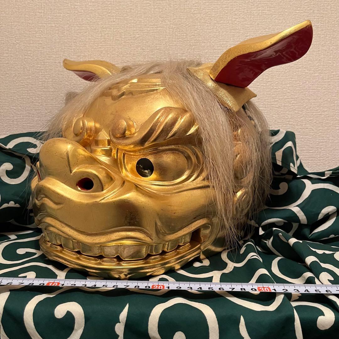 希少品 獅子舞 獅子頭 木彫 金彩 珍品