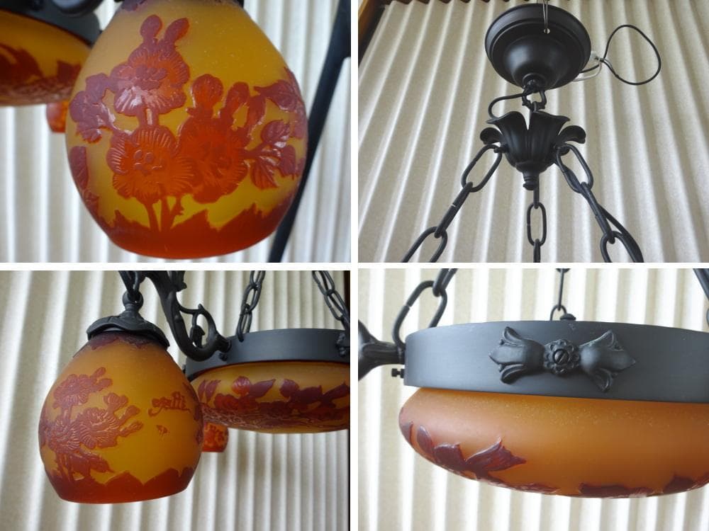 ガレコレクション 6灯シャンデリア 真鍮 カメオ掘り アカネ