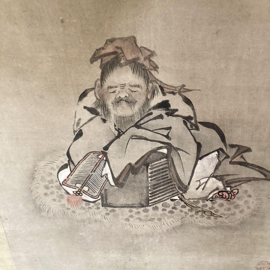 英 一蝶 淡彩画 《 蝶に唐人図 掛軸一幅 》肉筆 鹿角 落款在 模写 237