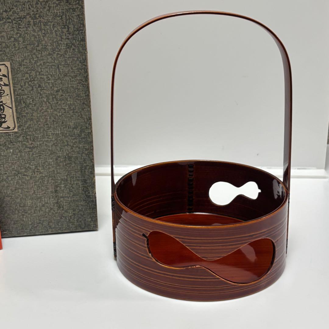 飛騨春慶塗 莨盆 瓢透し手付 春次 箱入 茶道具 漆器