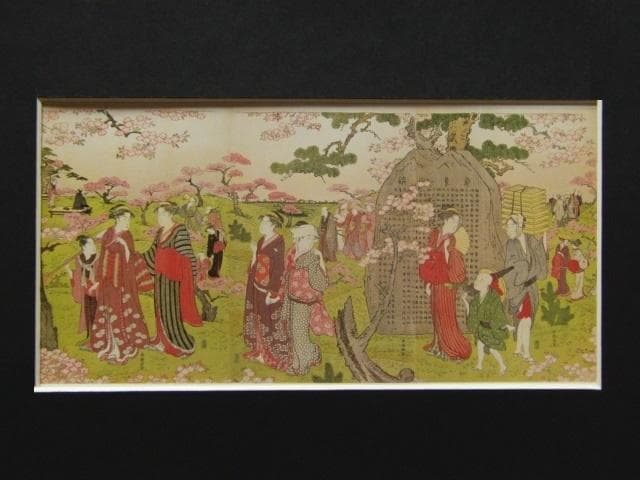 勝川春潮、【飛鳥山花見】、希少画集画より、状態良好、新品高級額装付