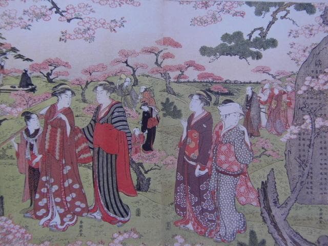 勝川春潮、【飛鳥山花見】、希少画集画より、状態良好、新品高級額装付