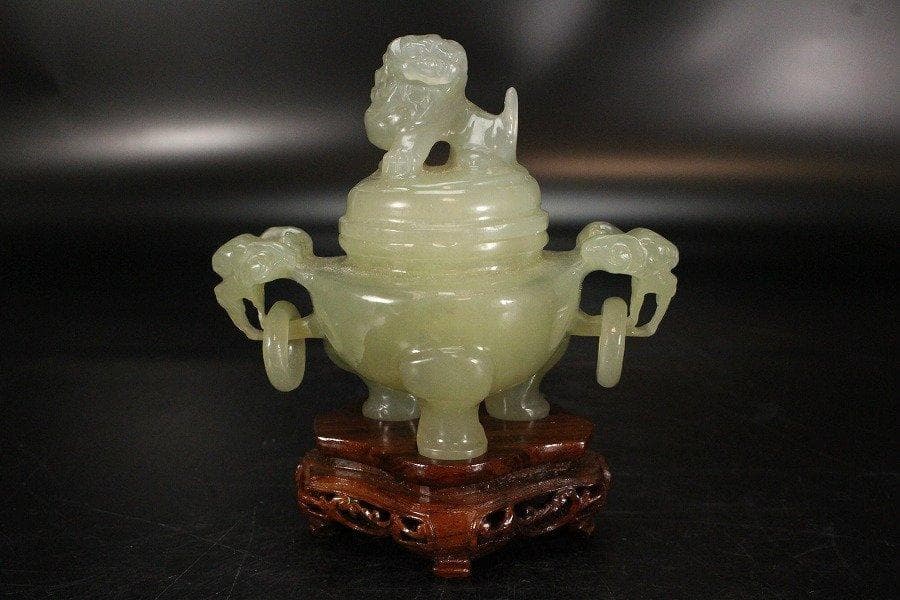 中国美術 青白砡 獅子蓋 香炉 唐木台 高9.5cm 旧家蔵出 中国美術