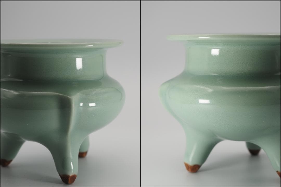 帝室技芸員 初代諏訪蘇山造 青磁 袴腰香炉 純銀 鳳凰文 透彫火舎 共箱