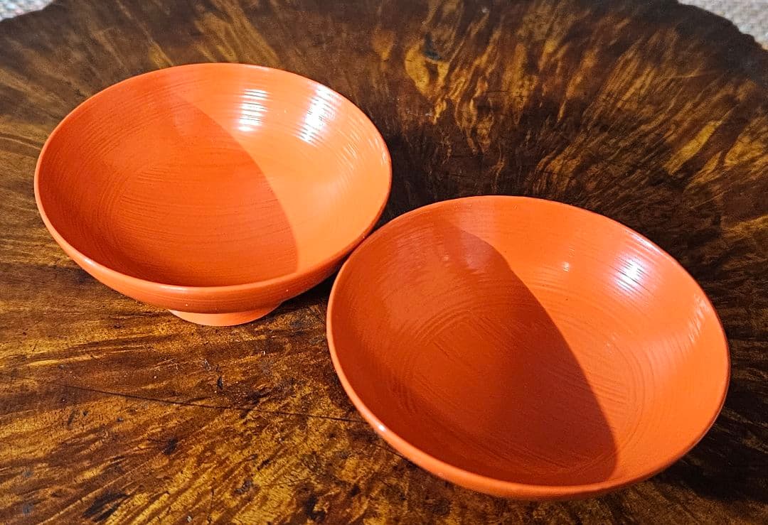 【時代古作品❗】明治時代頃　大徳寺好　洗朱漆塗盃　陶器製漆塗り　酒杯　酒器　2客