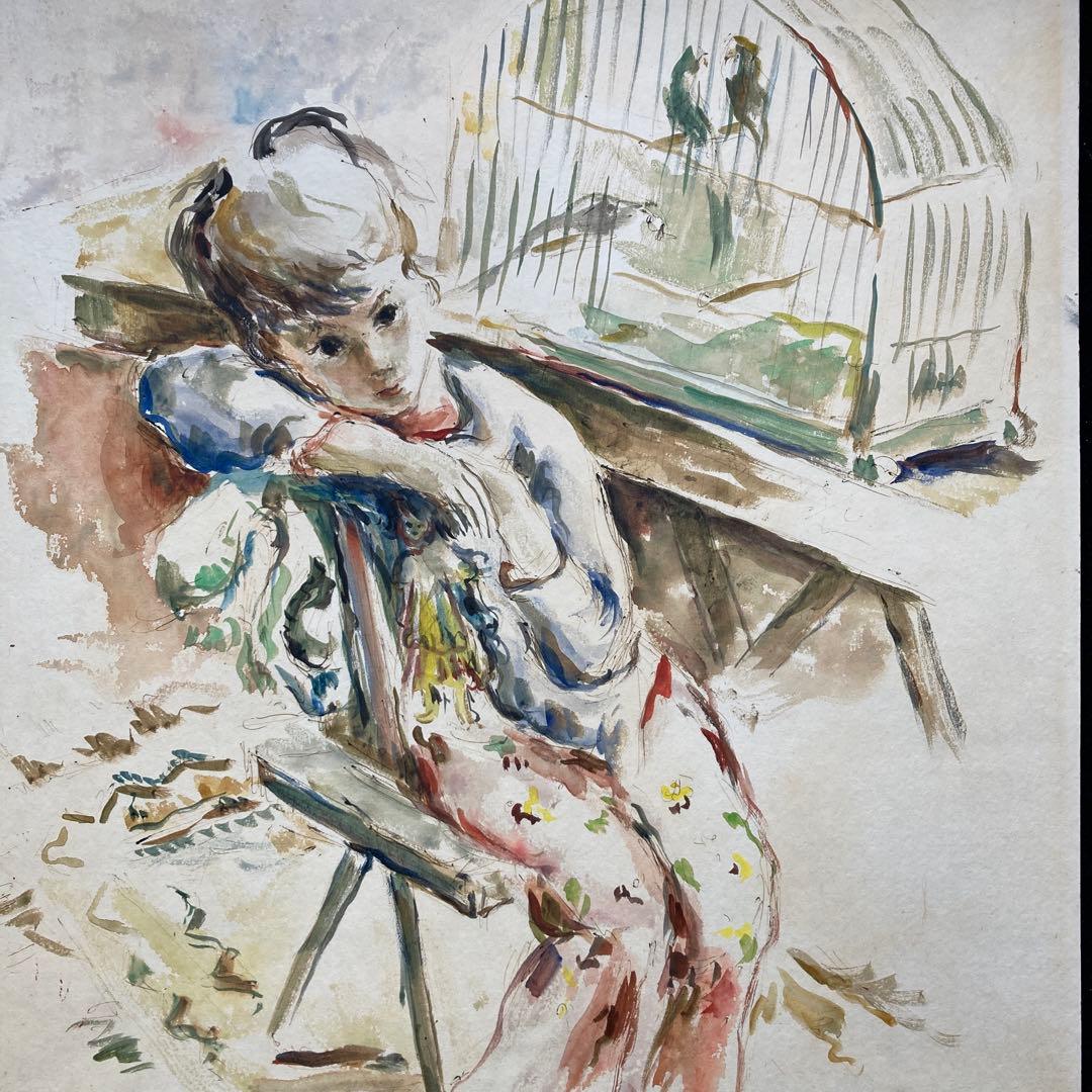 K.L.Crone￼「小鳥と少年」仮題　水彩画額￼約70×63絵￼62×46cm