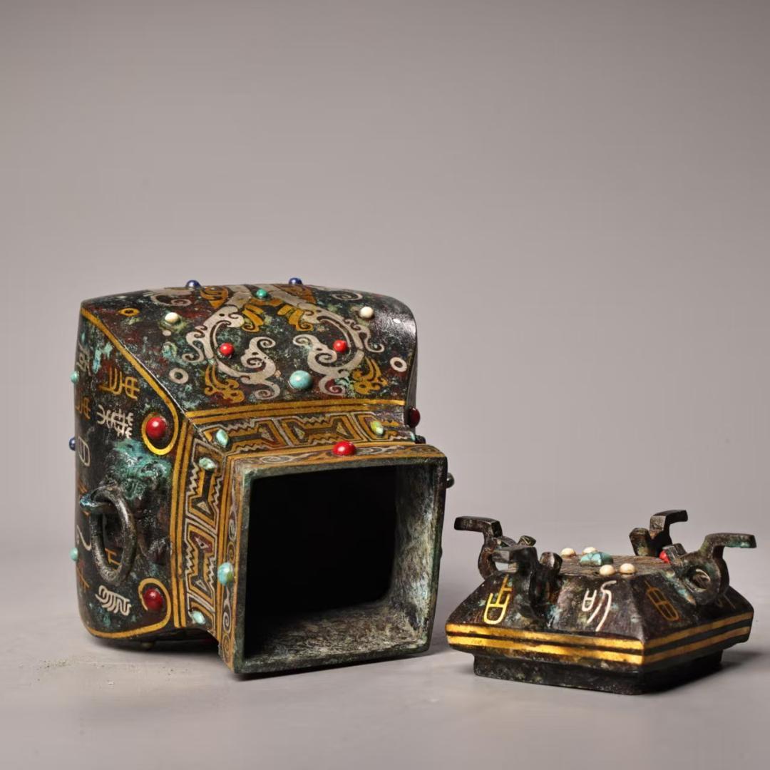 中国古美術 珍蔵 錯金銀 宝石嵌 青銅方花瓶 純青銅製 風水開運