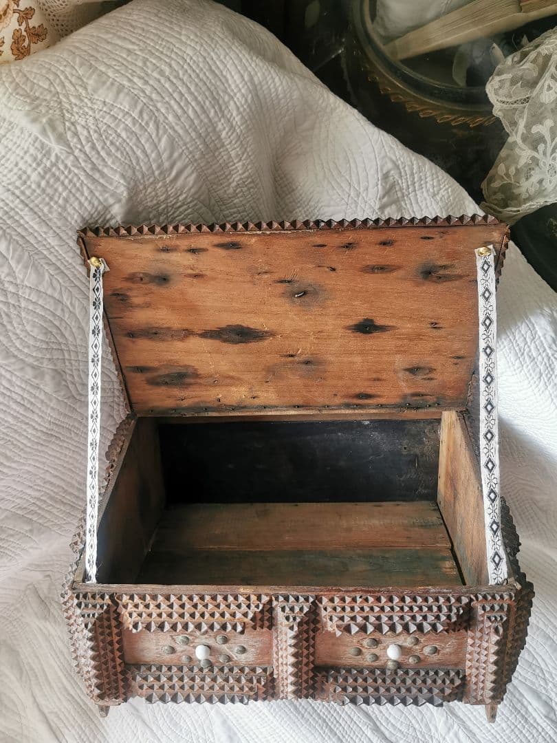 アンティーク トランプアート 木工レース細工ボックス 針箱 フレンチ