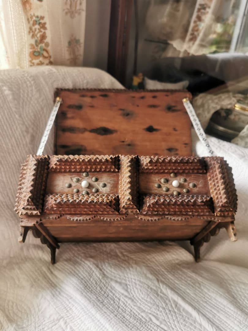 アンティーク トランプアート 木工レース細工ボックス 針箱 フレンチ