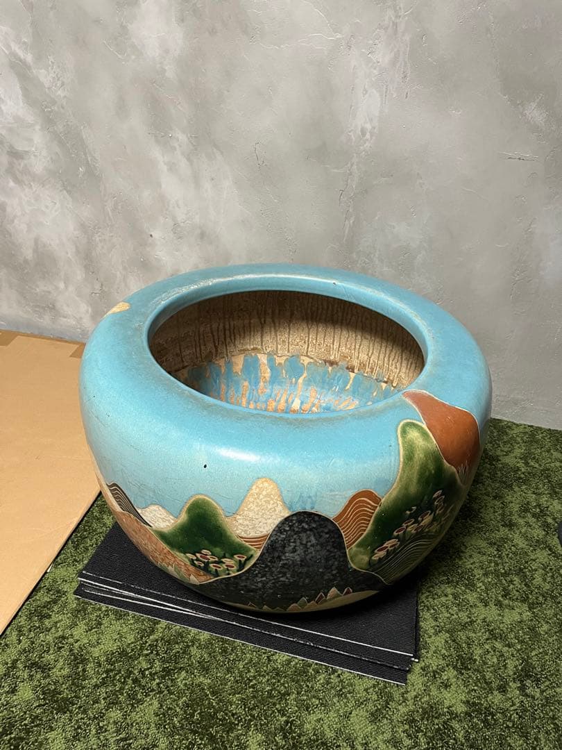 絵柄　火鉢　大型　風景　かめ　陶器