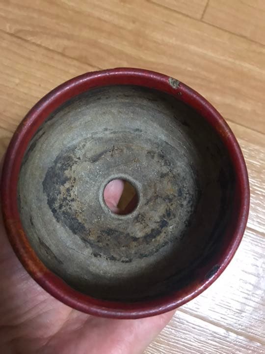 盆栽鉢　希少時代盆栽鉢鶏血黄釉がけ支那鉢和鉢〜亭詳細不明骨董鉢山野草赤い盆栽鉢