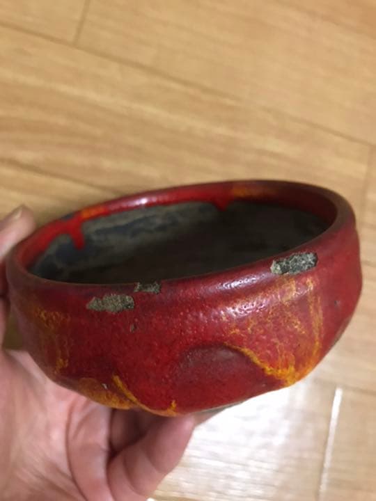 盆栽鉢　希少時代盆栽鉢鶏血黄釉がけ支那鉢和鉢〜亭詳細不明骨董鉢山野草赤い盆栽鉢