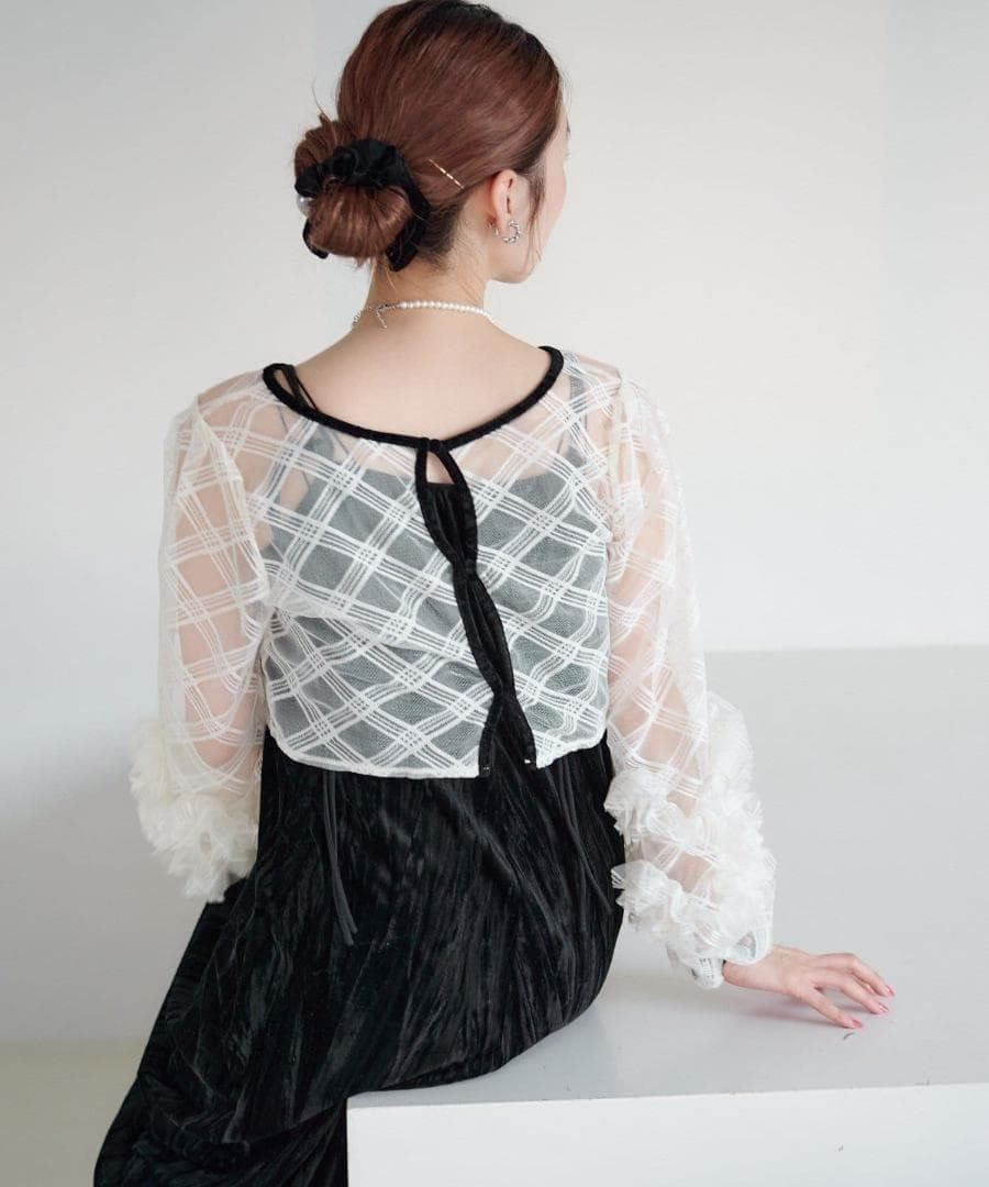 0 新品 カスタネ 結婚式 オケージョン シアーチェック×ベロアワンピースSET