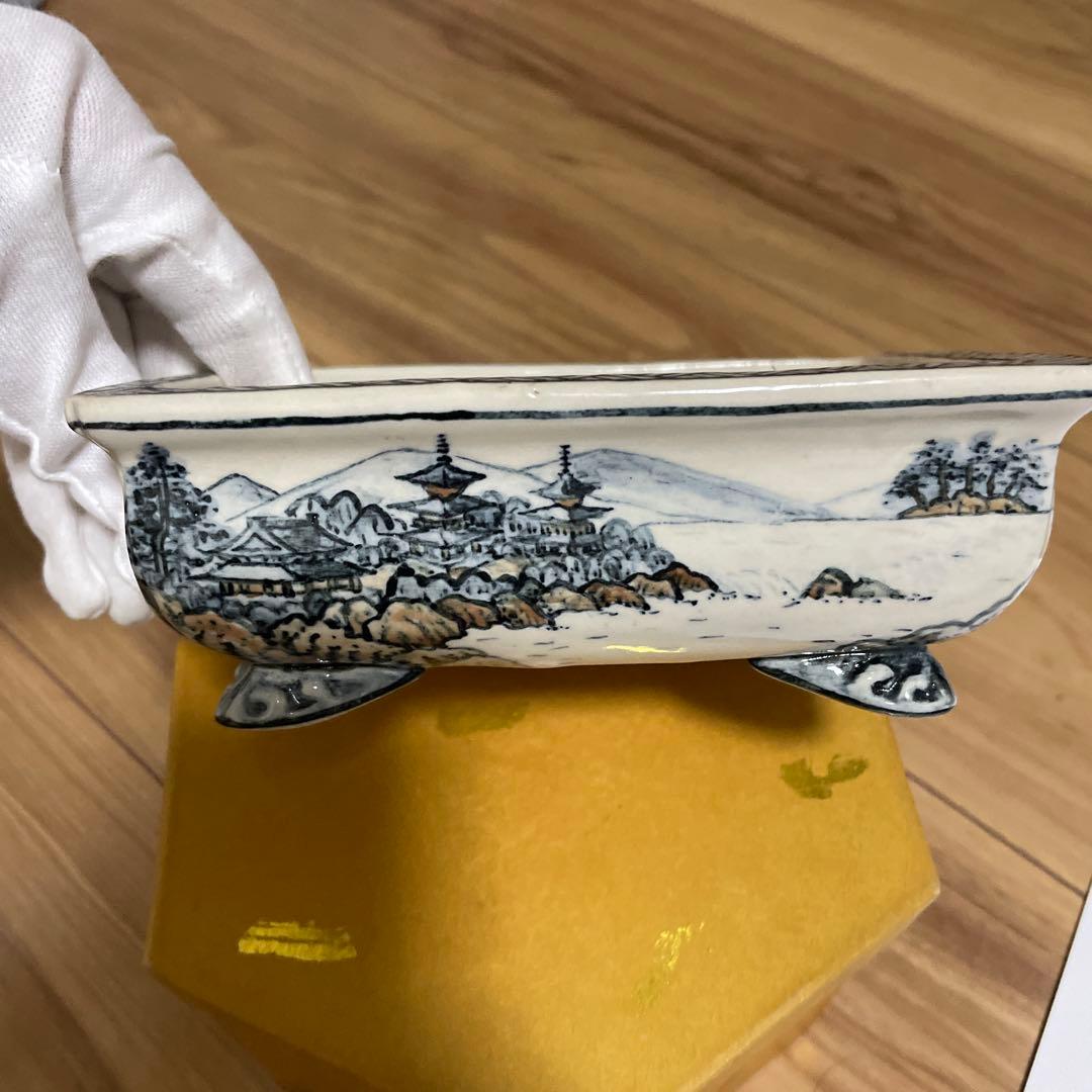 盆栽鉢　桑津香石　山野草　絵鉢 ミニ盆栽鉢 桑津香石 絵鉢 楕円形 山野草 盆栽鉢 小品盆栽 桑津香石 絵