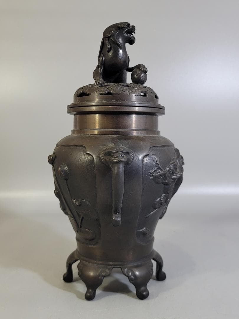 銅 獅子蓋 松鶴 蓮鶴 窓図 香炉 菊紋 DT277