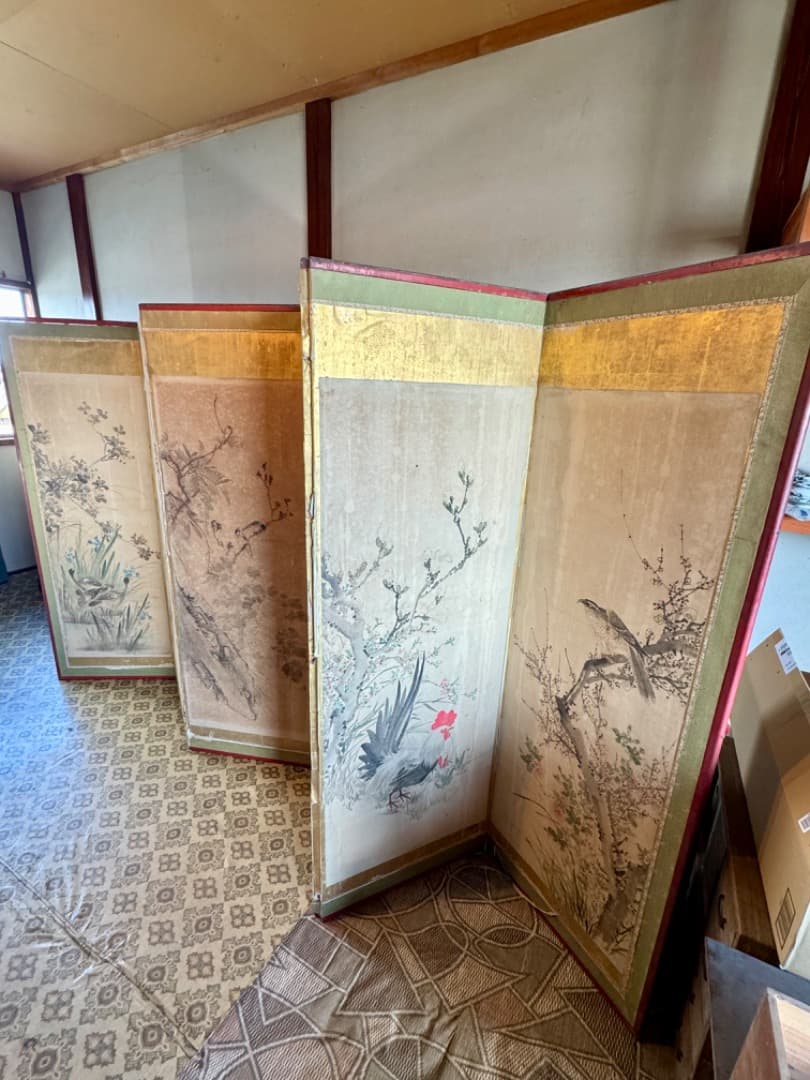 江戸後期 ~ 明治初期 六曲屏風 二点セット 鳥花図 美品