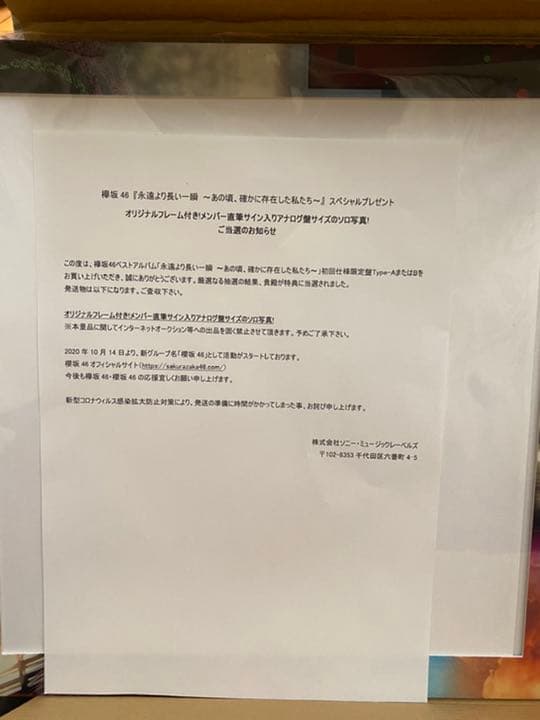 メンバー直筆サイン入りアナログ版サイズソロ写真渡邊理佐 欅坂46 永遠