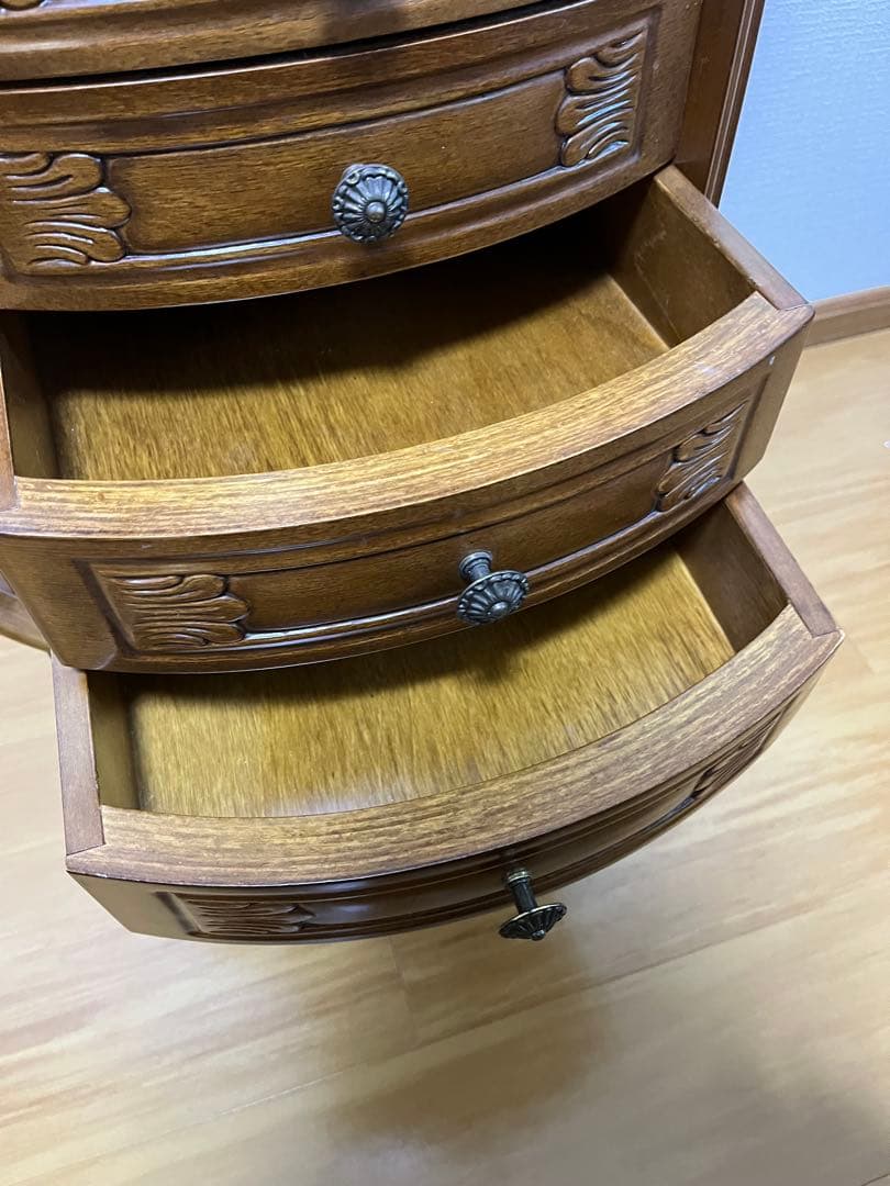 アンティーク調 木製サイドチェスト 4段引き出し 丸テーブル