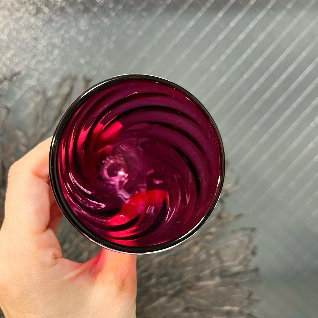 骨董 時代 希少金赤ガラス モールガラス調 流線型 アイスコップ ウラン