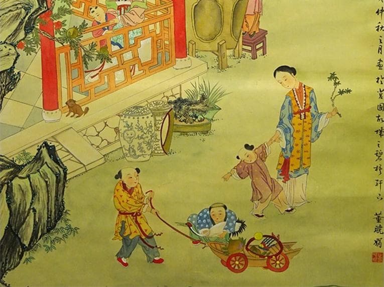 大幅掛軸 菫暁娟『童子遊戯図 人物』中国画 絹本 肉筆 掛け軸 w06116