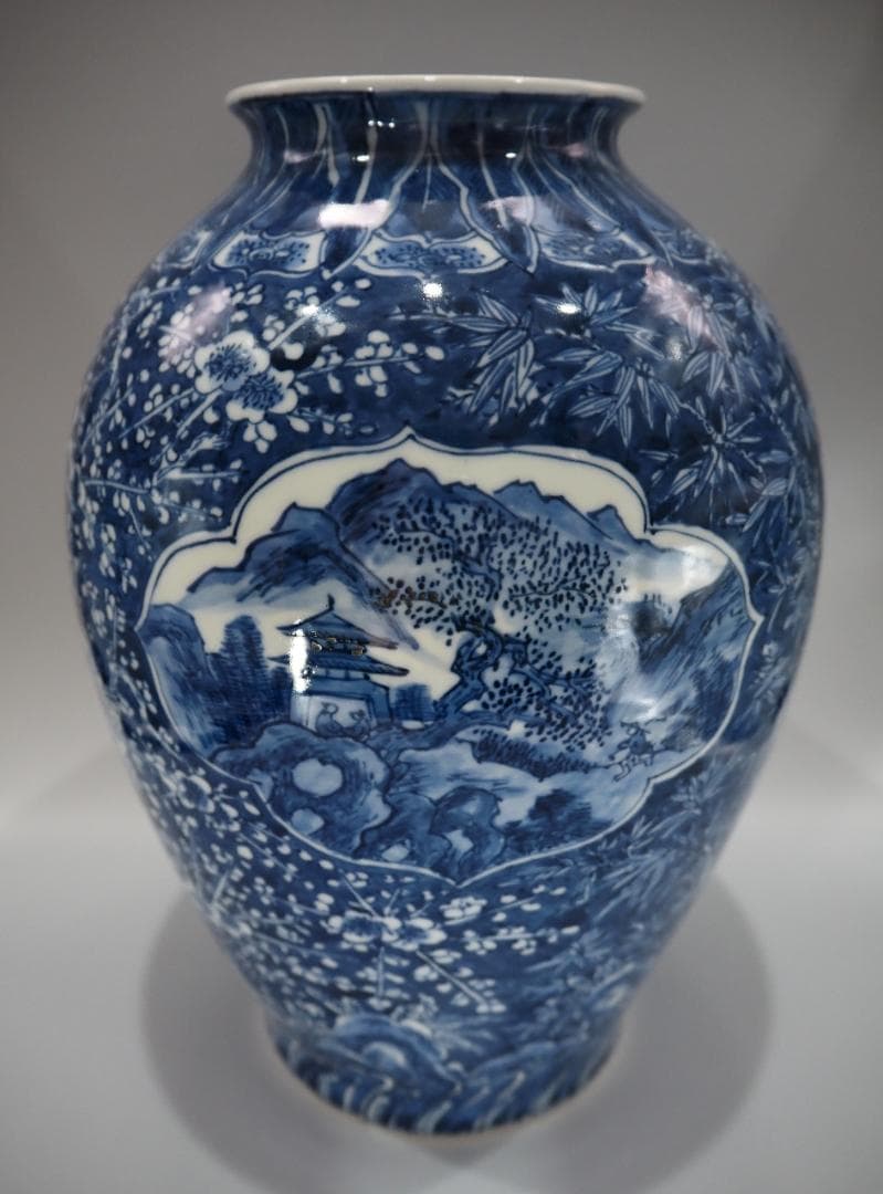 ぶりぶり☆割引セール☆ 清風与平造　松竹梅窓山水文 大型花瓶 30㎝ 共箱