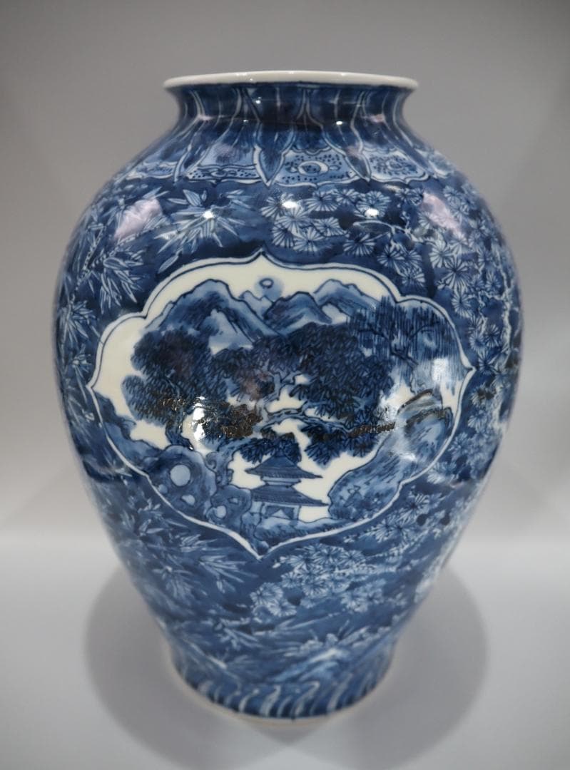 ぶりぶり☆割引セール☆ 清風与平造　松竹梅窓山水文 大型花瓶 30㎝ 共箱